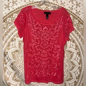 “INC” LADIES CORAL SHORT SLEEVE TOP WITH GORGEOUS DETAIL EMBROIDERY…SIZE XL